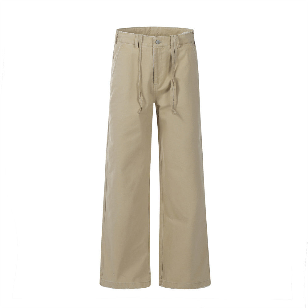 Vintage Drawstring Design Work Pants Men's High Street Retro Loose Fit Casual Solid Color Wide Leg Tapered Long Pants