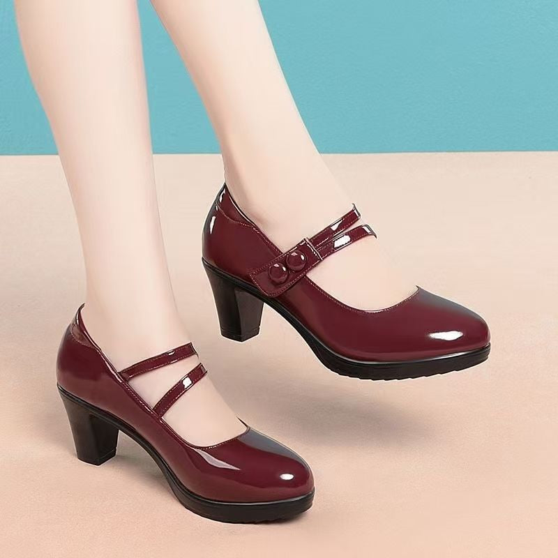 Women's Professional Leather Pumps - Round Toe Chunky Heel Velcro Strap Shoes