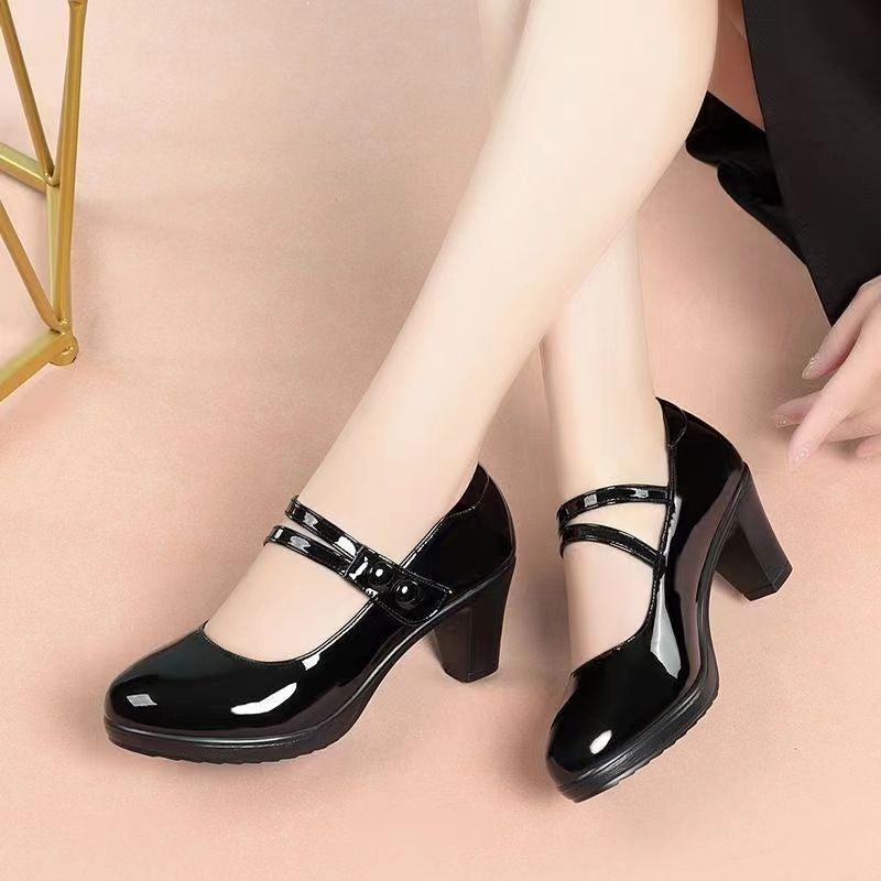 Women's Professional Leather Pumps - Round Toe Chunky Heel Velcro Strap Shoes
