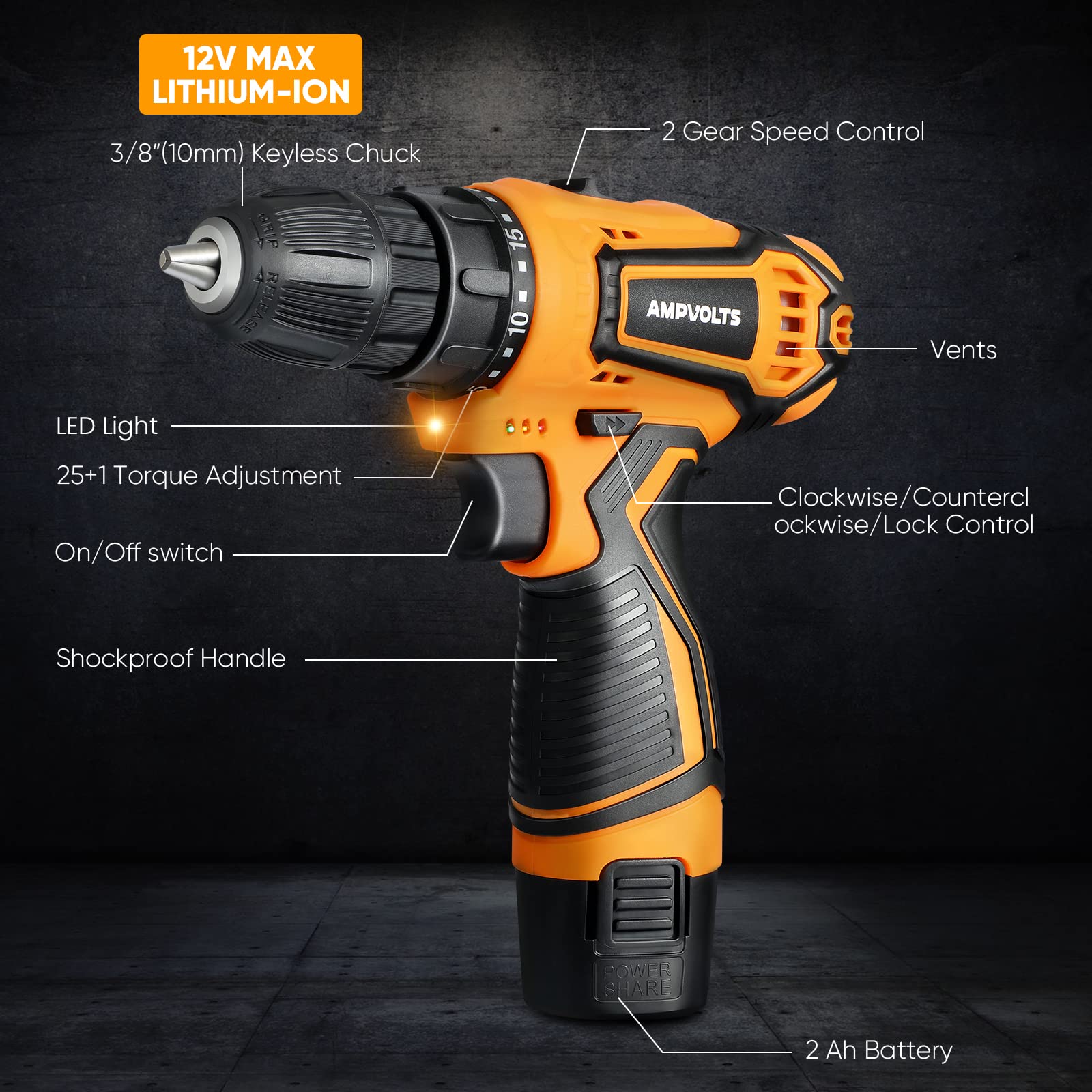 Cordless Drill Set, 12V Max Lithium-Ion, 24-Piece Accessories