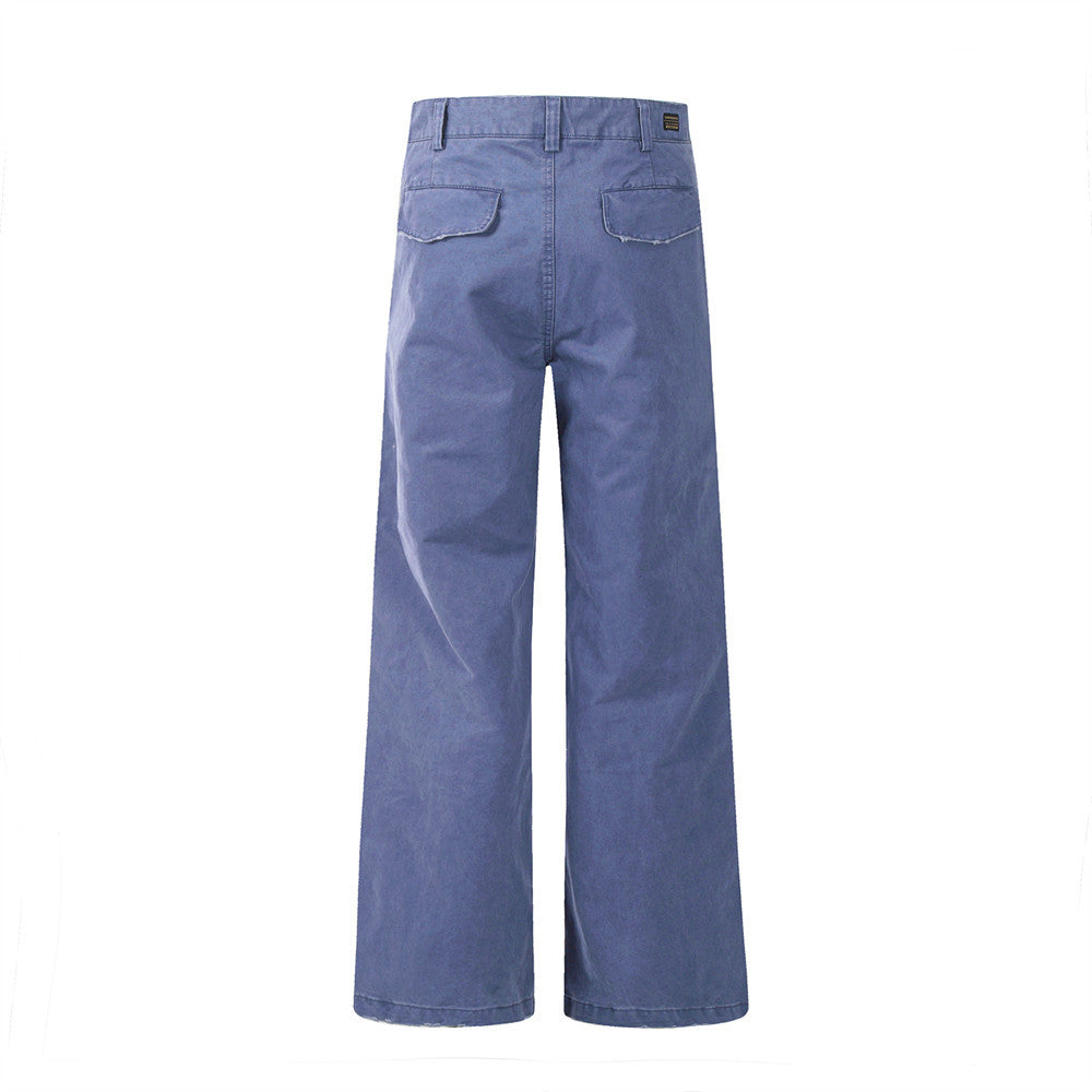 Vintage Drawstring Design Work Pants Men's High Street Retro Loose Fit Casual Solid Color Wide Leg Tapered Long Pants