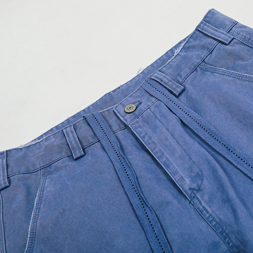 Vintage Drawstring Design Work Pants Men's High Street Retro Loose Fit Casual Solid Color Wide Leg Tapered Long Pants