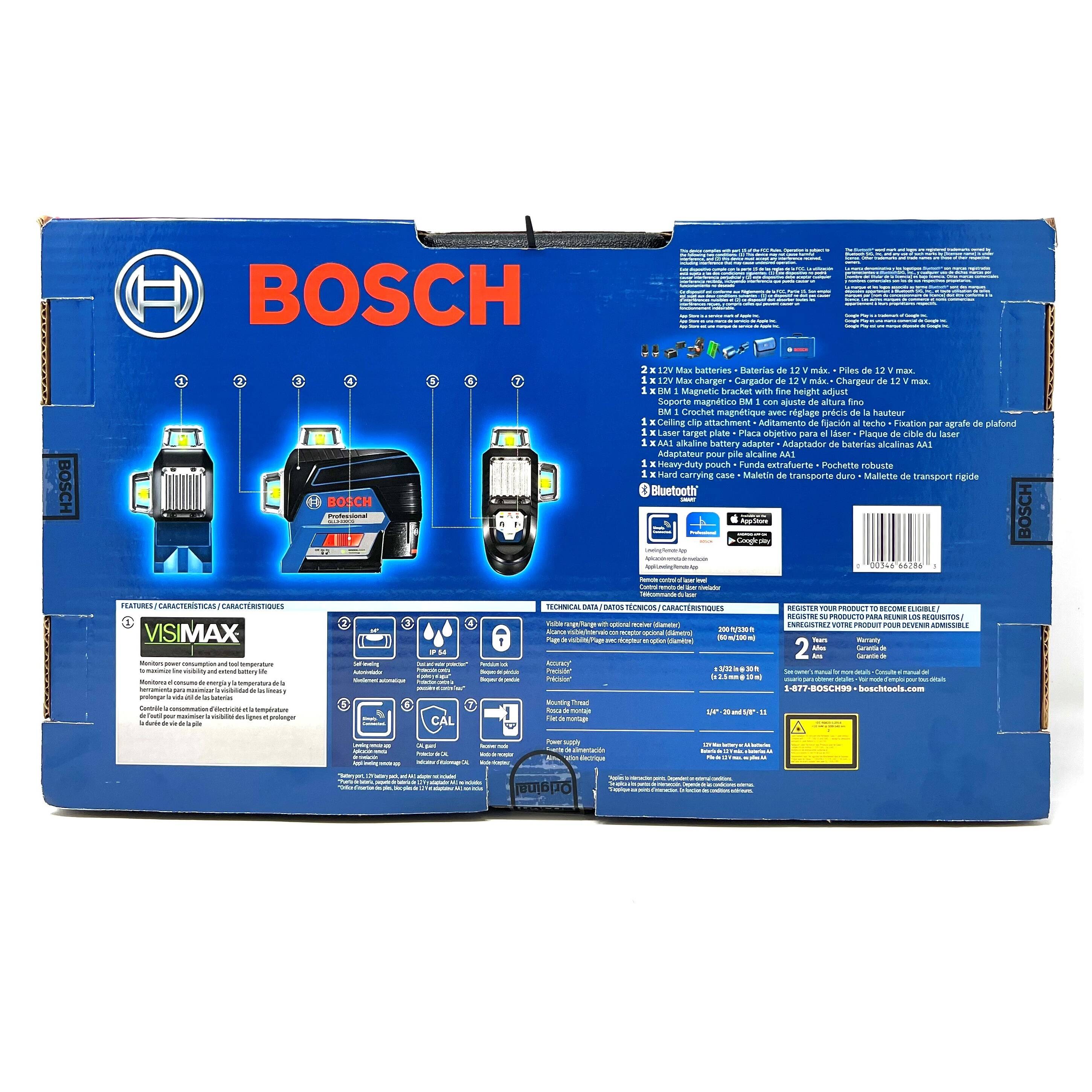 BOSCH GLL3-330CG-B 360-Degree Green Beam Three-Plane Line Laser Level with 2 Batteries