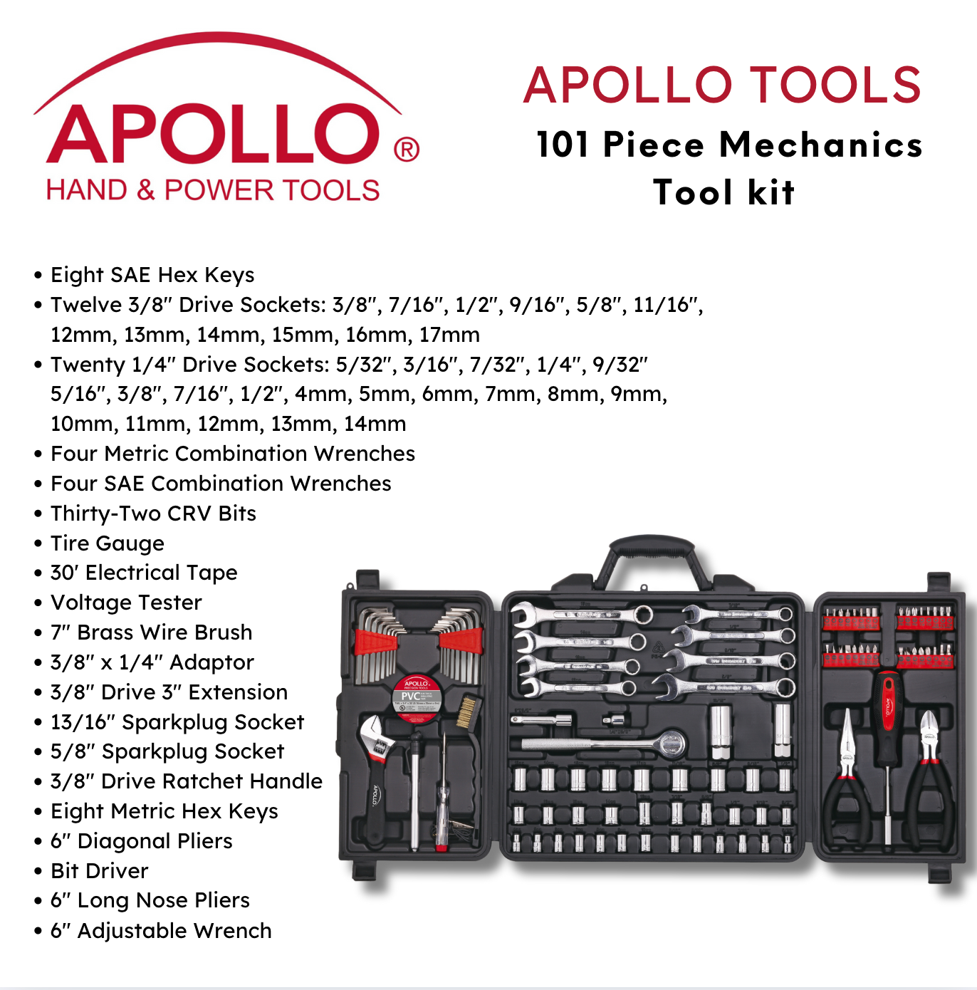 101 Piece Mechanic Tool Set for Vehicle and Home Maintenance, Roadside Emergencies. SAE and Metric Tool Set for Car, Boat, RV, Bikes - DT0006