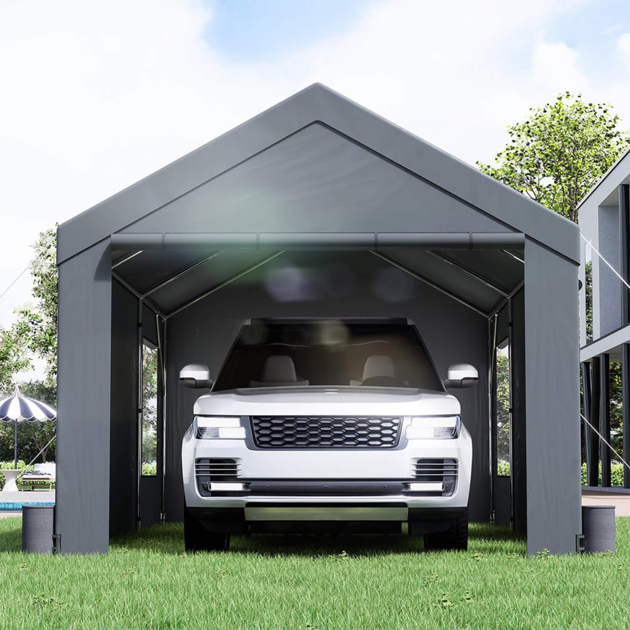 [12X20FT] Alora Heavy-Duty Outdoor Premium Garage Tarp Canopy Shelter W/ Removable Sidewalls (SAK94615)