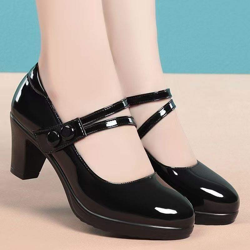 Women's Professional Leather Pumps - Round Toe Chunky Heel Velcro Strap Shoes