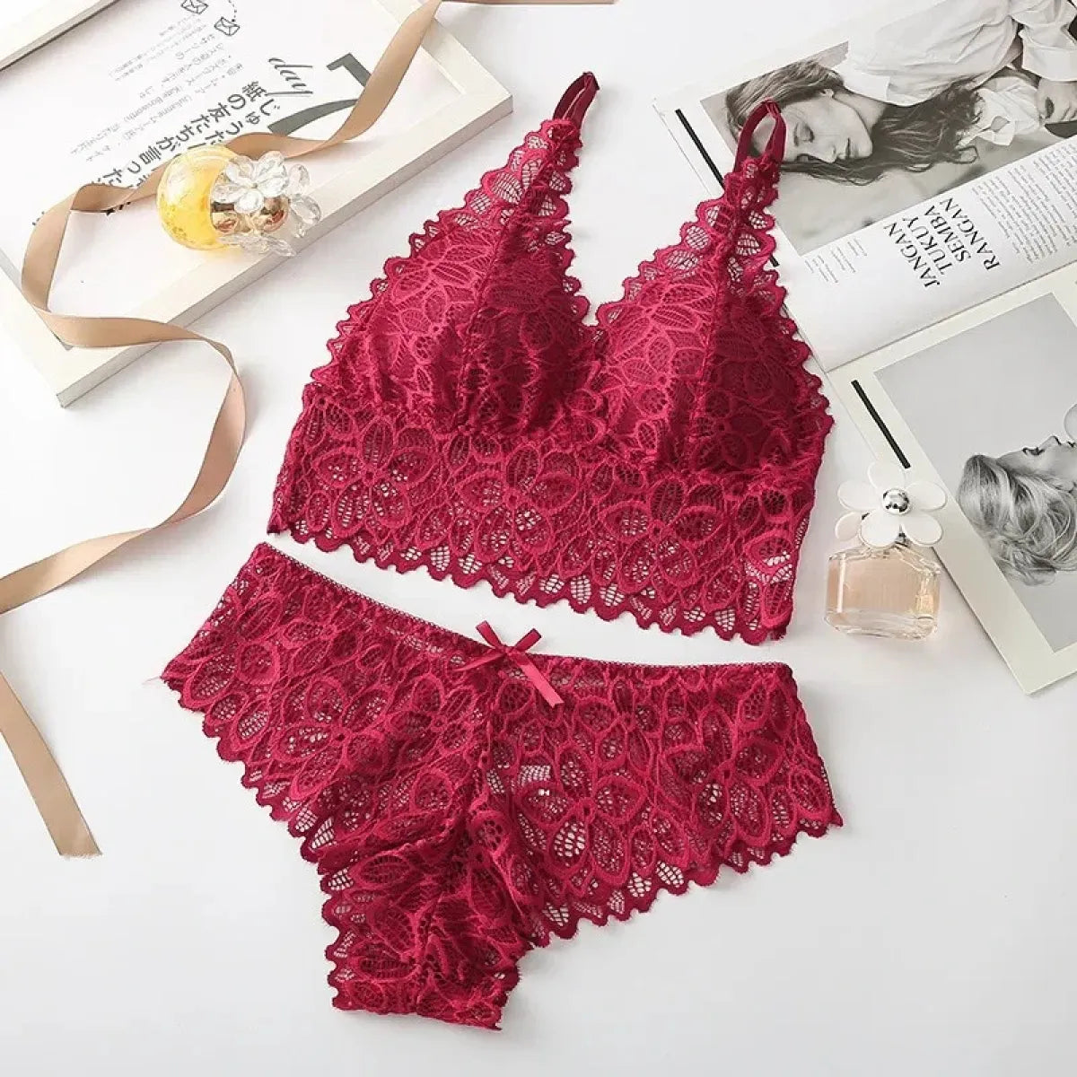 Lace Bra and Panty Set – Seamless Wire-Free Embroidered Lingerie